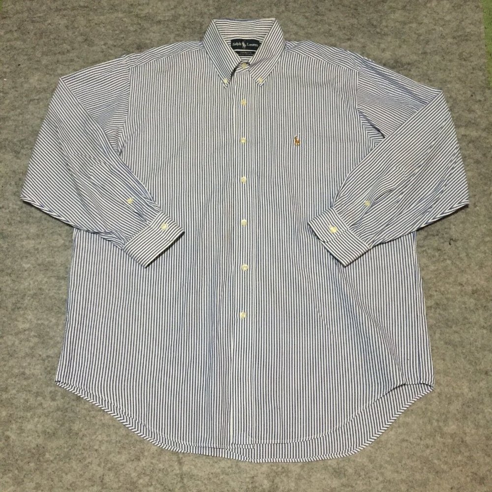 Ralph Lauren Button Down Shirt Mens Large Blue Striped Yarmouth Pony Casual